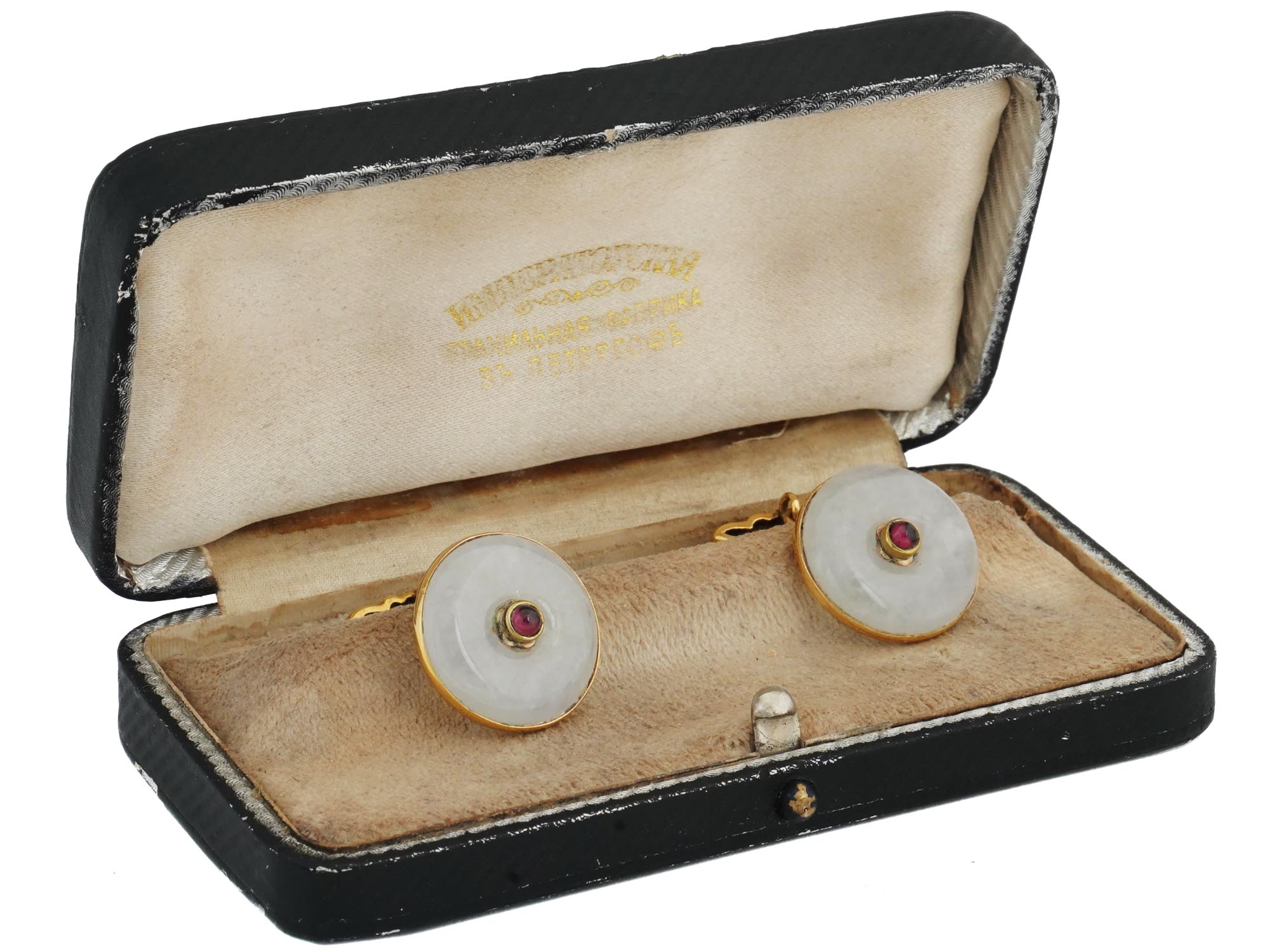 RUSSIAN 14K GOLD, RUBY AND MOONSTONE CUFF LINKS PIC-0